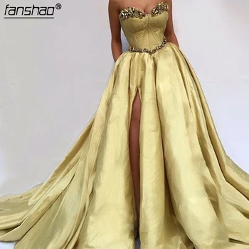 

Yellow Muslim Evening Dresses 2019 Sweetheart Taffeta Crystals Slit Islamic Dubai Saudi Arabic Long Elegant Evening Gown