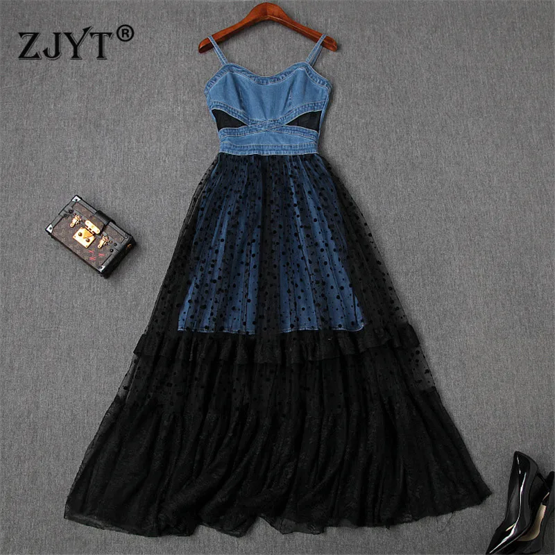 

Fashion Designer Summer Dresses Women 2019 New Style Flocking Tulle Patchwork Sexy Spaghetti Strap Denim Dress Casual Vestidos