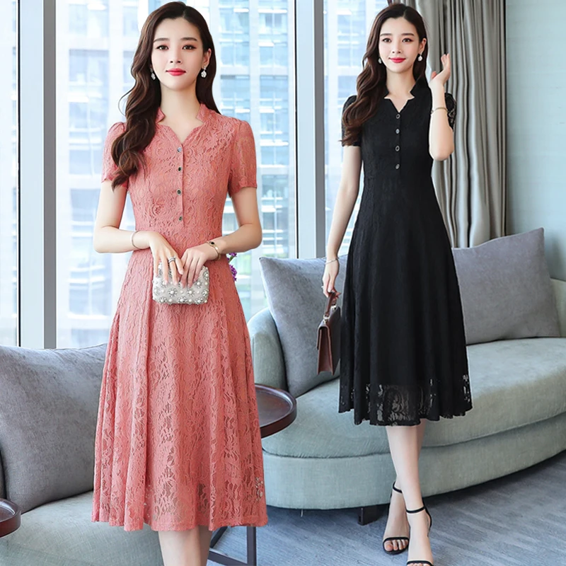 Women Summer Midi Slim Lace Dress Office Black Elegant Plus Size 3XL Vacation Button Red Lady Dress Vintage Runway Dress New