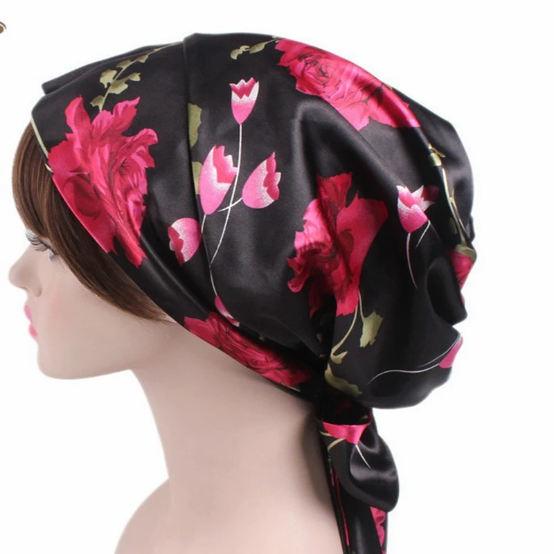 black flower 1 шт., Женская атласная ночная шапочка для сна, шапочка для волос, шелковая Крышка для головы, широкая эластичная лента, шапочка для душа s 58 см - Цвет: black flower