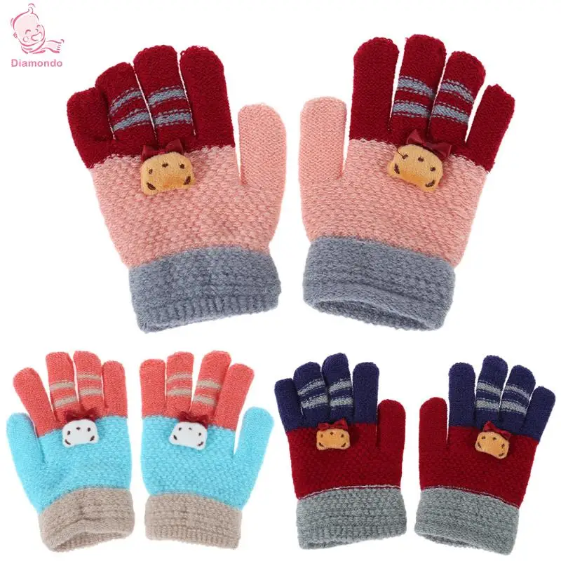 

Winter Elastic Warm Girls Full Finger Gloves Fashion Children Knitted Stretch Mittens Cute Cartoon Baby Kids Boy Ski Gloves 2017