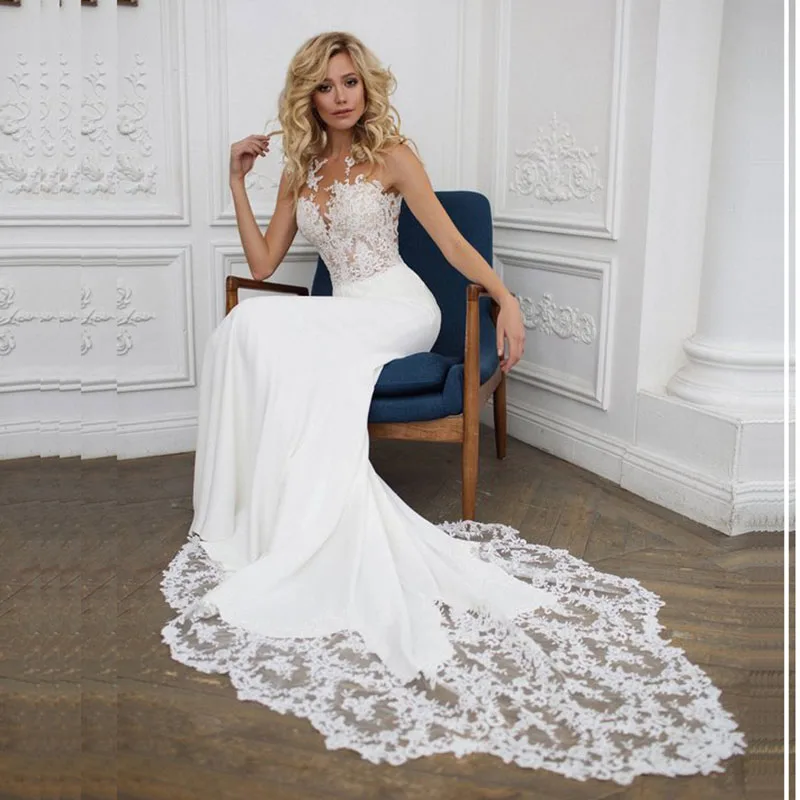 

Verngo Mermaid Wedding Dresses 2019 Lace Bridal Dress Buttons Vestido De Noiva O-neck Stain White/Lvory