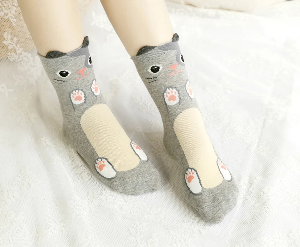 Funny Cute Cat Cartoon Women Socks Autumn Winter Lady's Sock korean Fashion Candy Color Creative Warm socks White Yellow Gray (8)