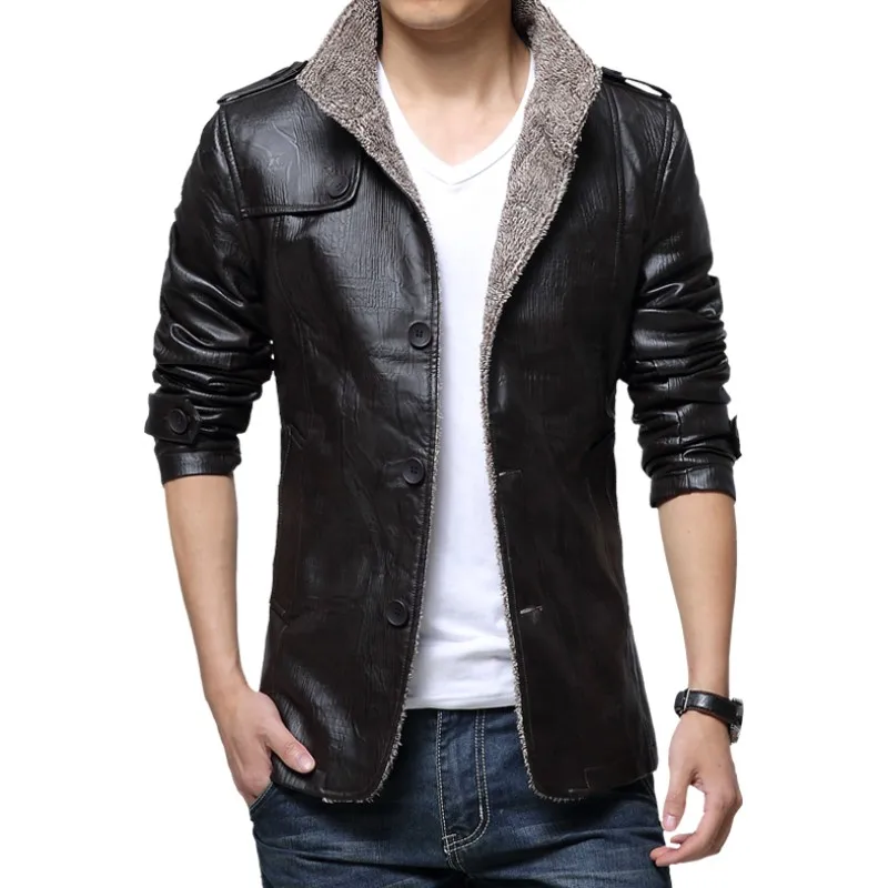 Зимняя теплая приталенная куртка из искусственной кожи, Мужская однотонная куртка из искусственной кожи с длинным рукавом и воротником-стойкой, тонкая мужская куртка, тренчкот - Цвет: Черный