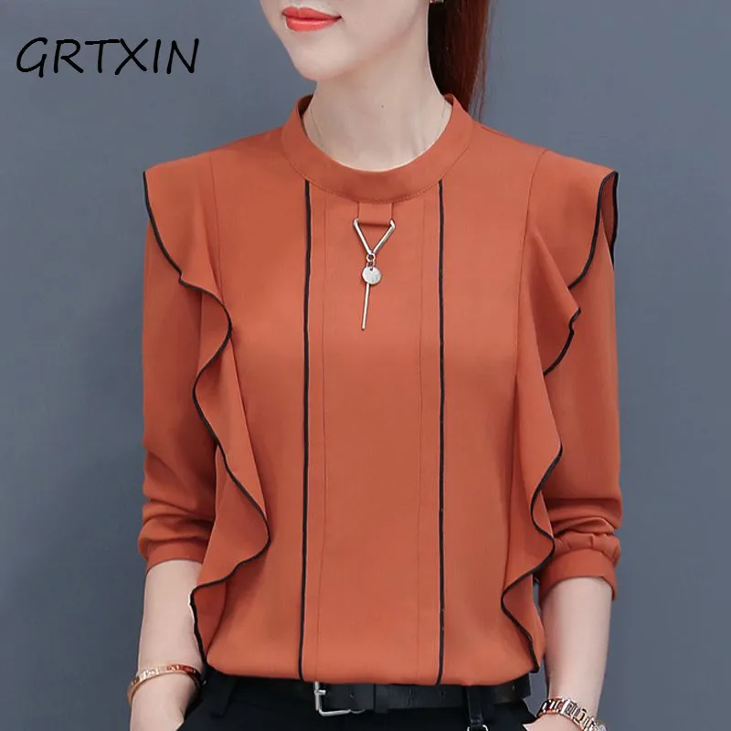 New 2018 Autumn Women Tops Ruffled Long Sleeve Chiffon