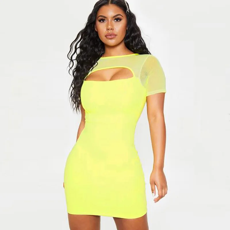 Fashion Short Sleeve Bodycon Dress for Women Hollow-Out Mesh Patchwork Dresses Black Yellow Elegant Femme Sexy Party Vestidos