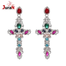 JURAN Бохо этнические красочные хрустальные эффектные крест вечерние серьги винтажные хрустальные большие сережки-крестики для женщин