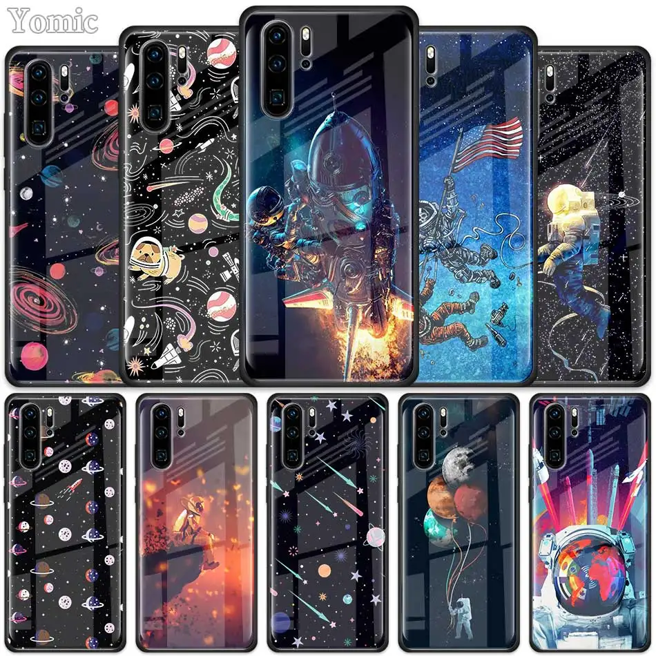 

Cartoon Funny space Astronaut Tempered Glass Case for Huawei P30 Pro P10 P20 P30 Lite Mate 10 20 Pro Honor 20 Pro 8X Cover
