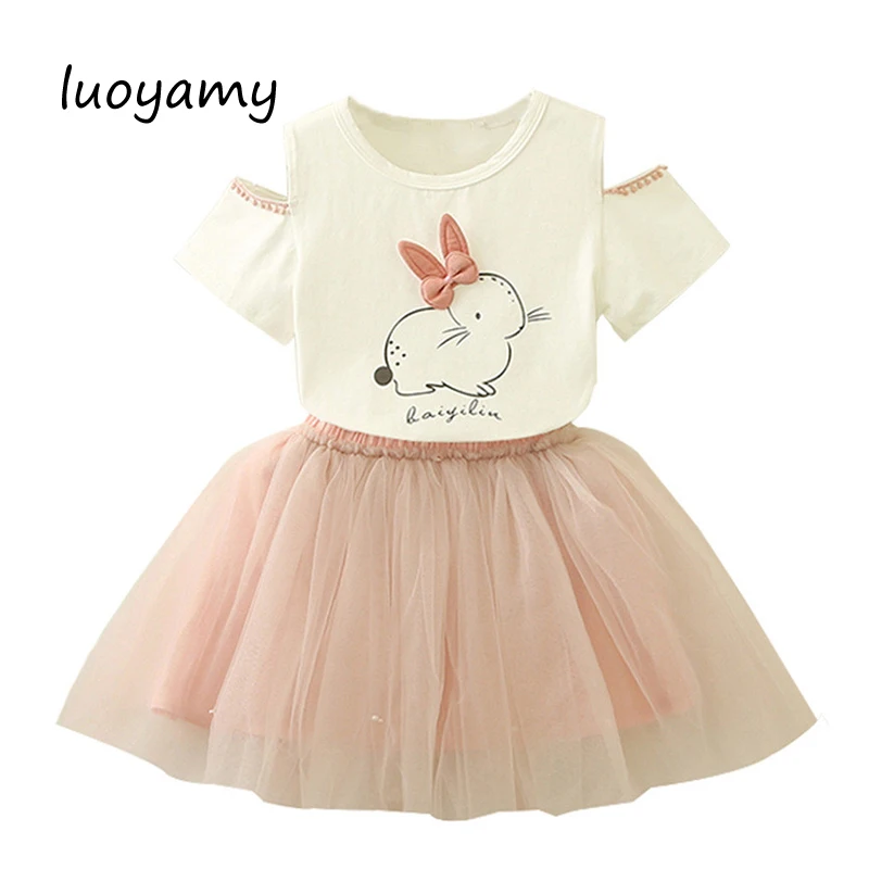

Girl Dress 2018 New Summer Casual Style Cartoon Rabbit Printed T-Shirts+Net Veil Dress 2Pcs for Girls Clothes 2-6Y