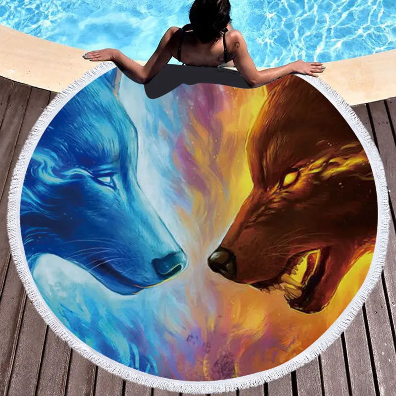 

colorful 3d Round wolf beach towel cool cartoon animal print large towel with wolf Toalla Blanket 150cm Microfiber