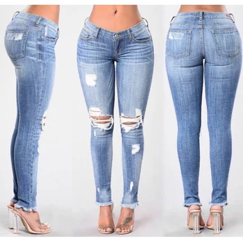 

Ripped hole fashion Jeans Women High Waist skinny pencil Denim Pants Elastic Stretch bleached washed sexy Jeans high street