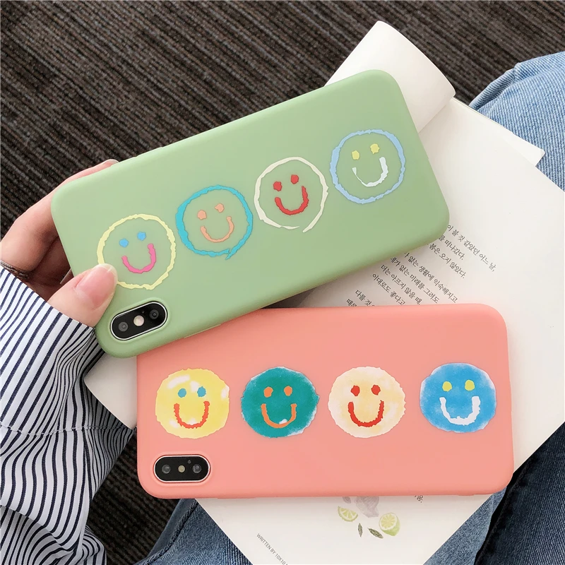 

Summer Fresh Green Smile Face Phone Case for Iphone X Xs Max Candy Print Scrub Tpu Silicon Case for Iphone 6s 7 8plus Xr Cover