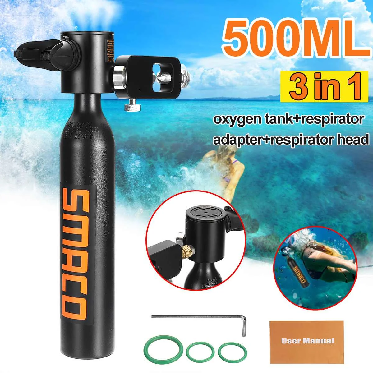 

2019 Max.10mins SMACO 500ml Scuba Oxygen Cylinder Diving Tank Equipment Respirator Adapter Head 3000PSI