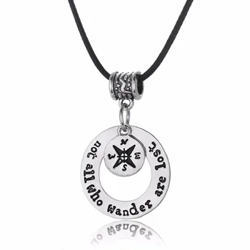 

24PC/Lot Creative Compass Round Pendant Necklace Not All Who Wander Are Lost Women Man Friends Charm Jewelry Leather Rope Collar