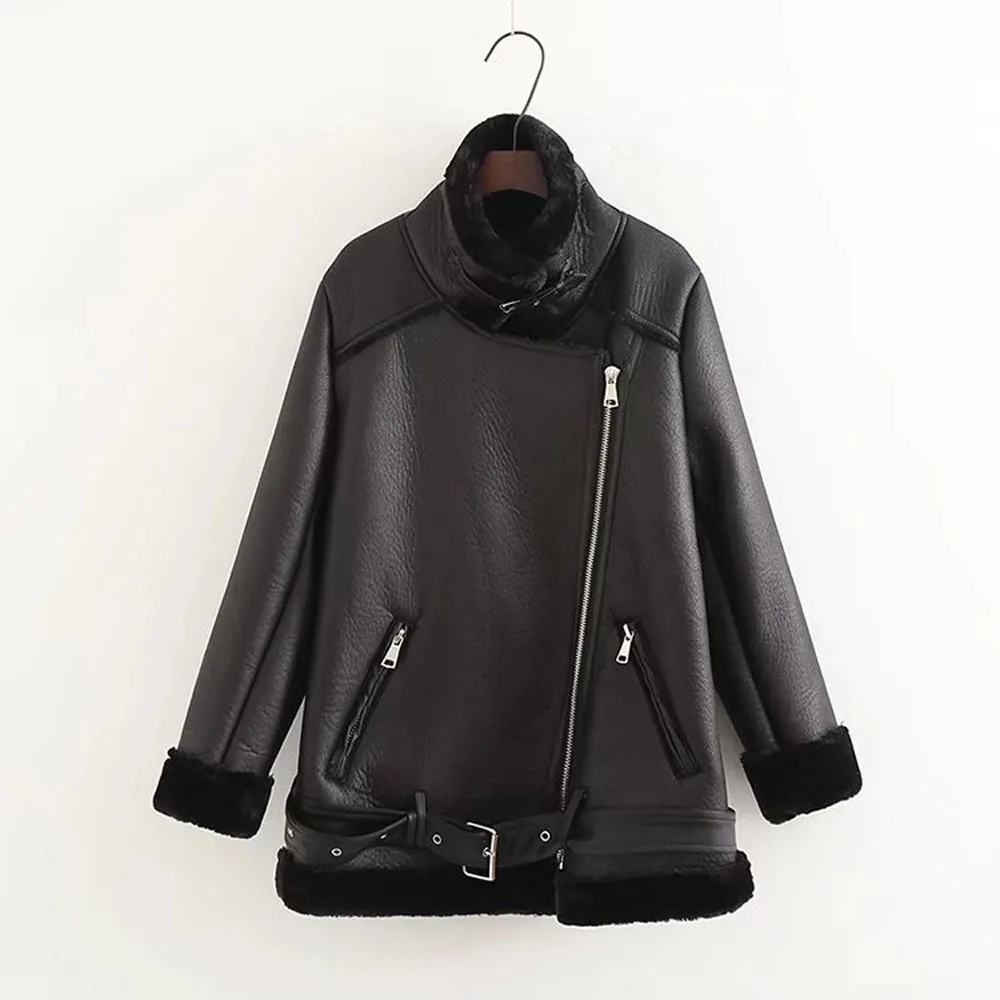 price cut Apperloth 2018 Winter Women PU Leather Jacket Full Sleeve Zippers Turn-Down Faux Rabbit Hair Motorc