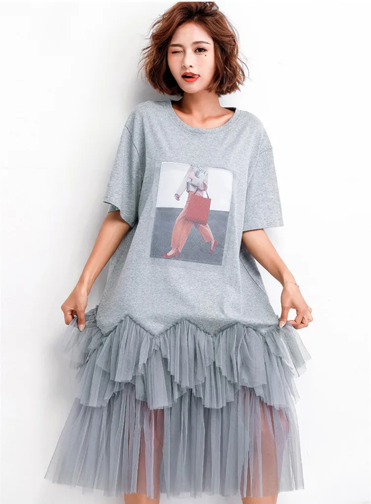 

Mesh Spliced Short Sleeve Summer Dress Women Plus Size Loose Pullovers Dress Korean Fashion Cartoon Printed Dresses