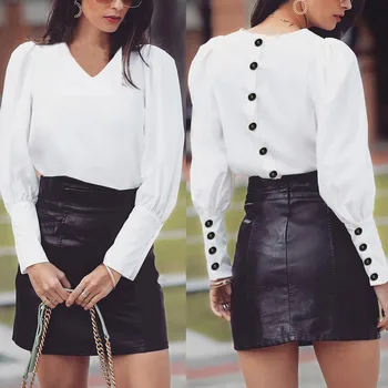 

Hawcoar Autumn Winter New Fashion Women Elegant Pure Color V-neck Button Long Sleeve Casual Blouse блузка женская Z4