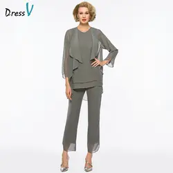 DressV серый Длинный мать невесты платье Брюки оболочка с куртка одежда с длинным рукавом шифон пользовательских мать невесты платье