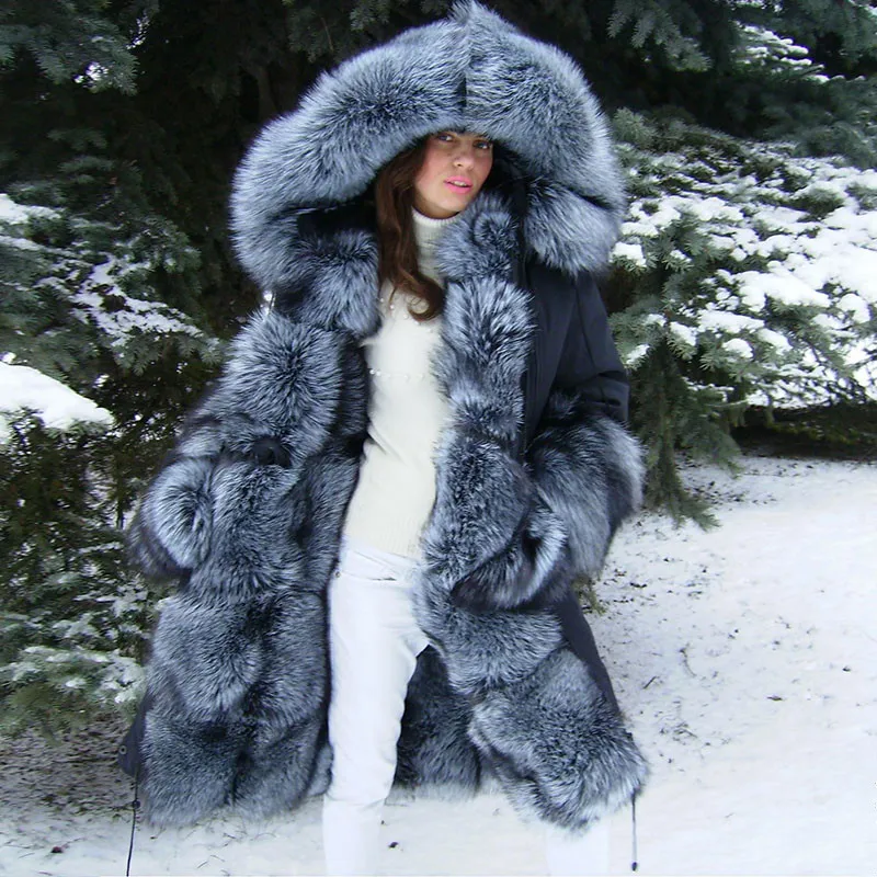 TOPFUR Luxury New Women Real Fur Parka Natural Silver Fox Fur With Fox Fur Liling Collar Winter Warm Fur Jacket Parka