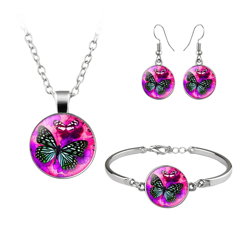 

Suteyi Fashion Jewelry Set Silver Plated Glass Cabochon Butterfly Choker Necklace Earring&Bracelet Set For Women Gift