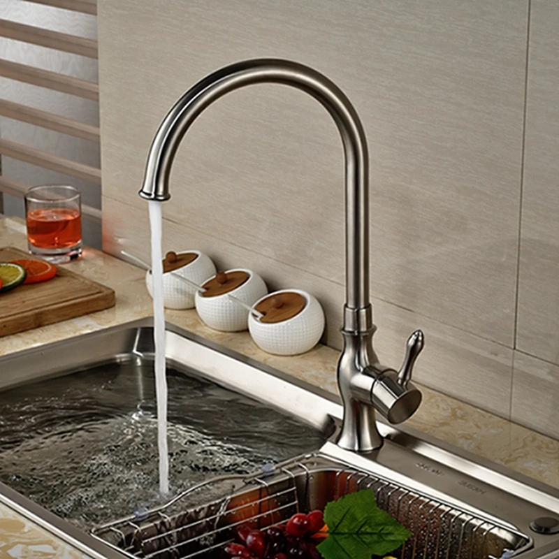 

Wholesale And Retail Elegant Brushed Nickel Swivel Spout Kitchen Faucet Single Handle Hole Vessel Sink Mixer Tap Hot And Cold