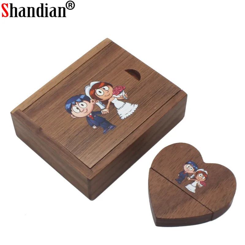 

SHANDIAN over 10 pcs free Color printing LOGO wooden Heart USB + BOX USB Flash Drive Pendrive 64GB 32GB 16GB 8GB wedding gifts