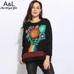 Толстовка с длинными рукавами и круглым вырезом Цветочный принт Повседневный пуловер Для женщин