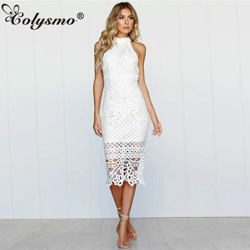 

Colysmo Long Summer Dress 2018 Sleeveless Halter White Lace Dress Sexy Party Dress Midi Bodycon Ladies Dresses Plus Size Vestido