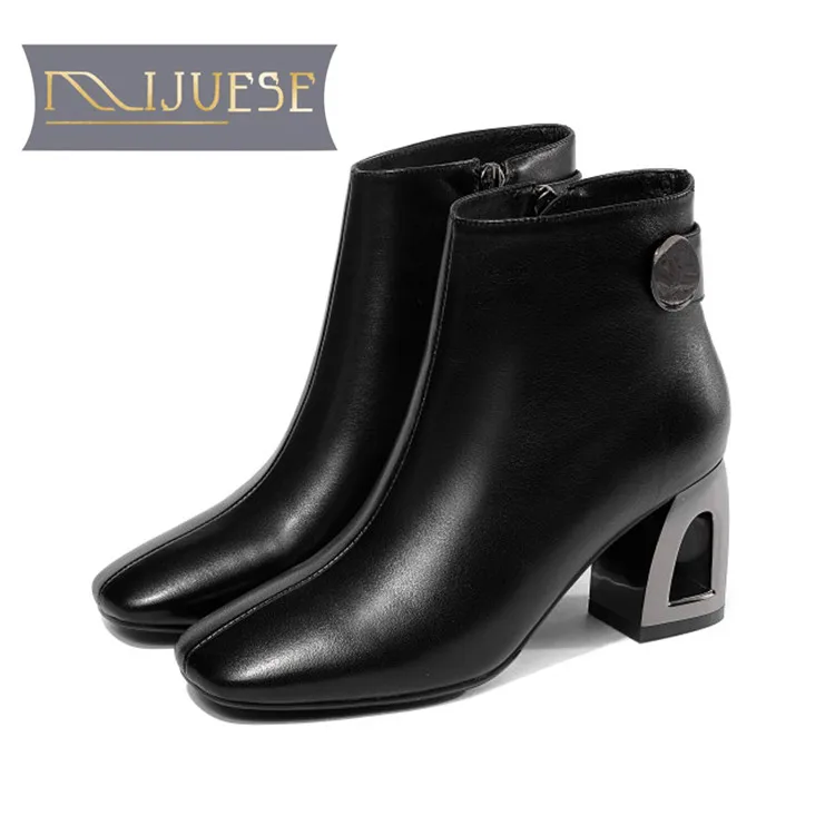 

MLJUESE 2019 women ankle boots soft cow leather zippers green color high heels boots winter short plush boots size 34-41