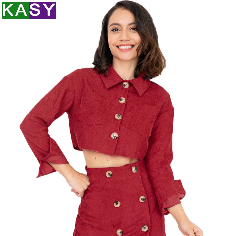 

Autumn Corduroy Basic Red Jacket Long Sleeve Women Casual Single Breasted Denim Short Jacket Streetwear Coats veste femme