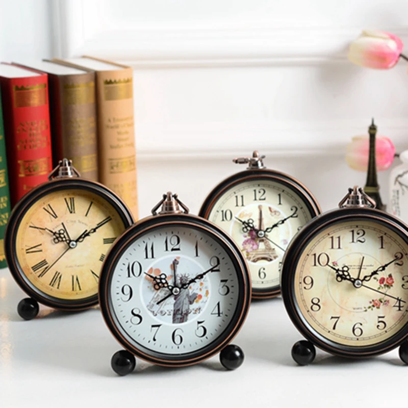 

Vintage Floral Pattern Metal Quartz Needle Digital Table Clocks Mute Movement Houseware Student Alarm Clocks Art Decoration Gift