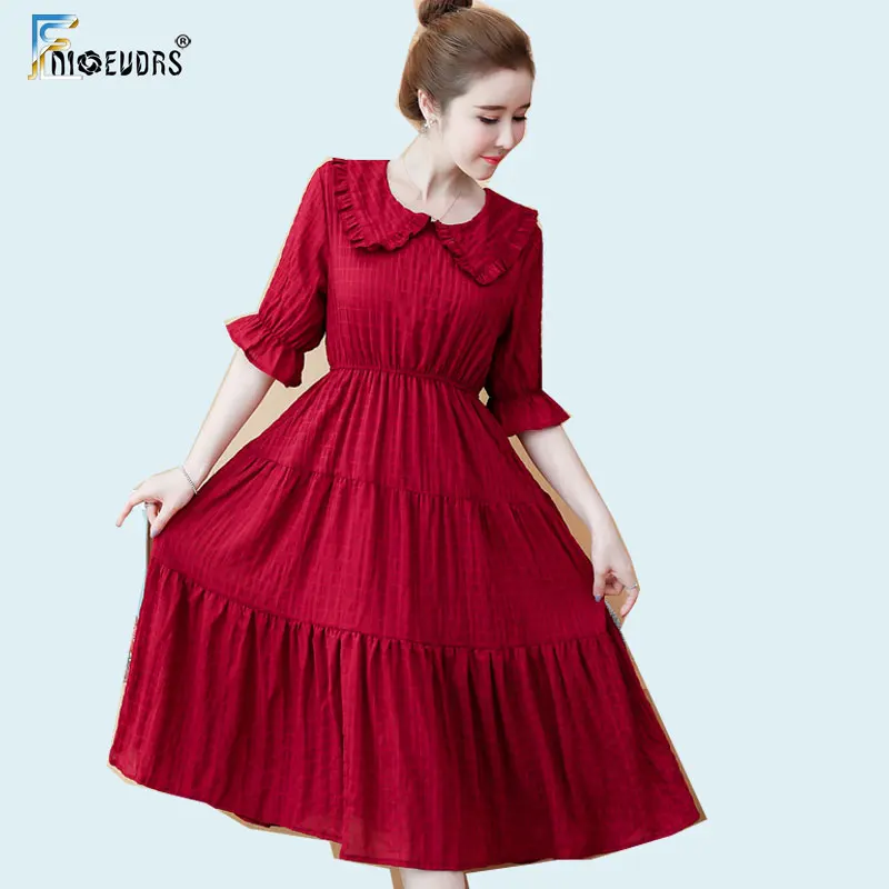 

Plus size Clothes 5XL 4XL 3XL Dresses Woman Summer Flare Sleeve Slim Waist Party Elegant Lady Black Peter Pan Collar Dress