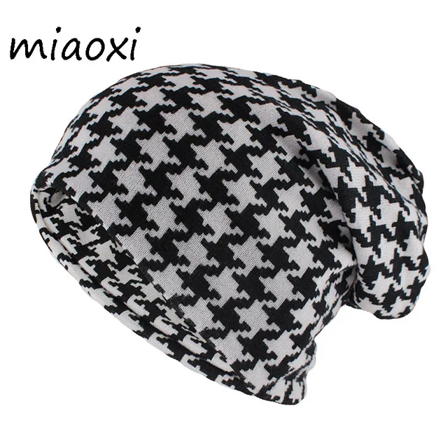 New Hip Hop Women Fashion Hat Houndstooth Autumn Warm Beanies Skullies Plaid Casual Gorros Soft Scarf Double Use Adult Hats 1