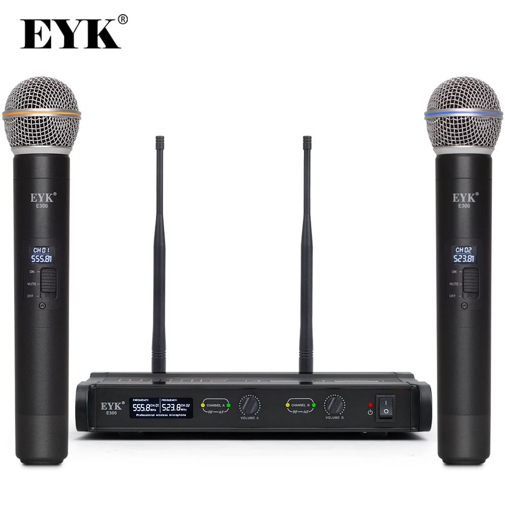 

EYK E300 UHF Dual Channel 2 Metal Handheld Mic Transmitter with MUTE Function Professional Karaoke Wireless Microphone System