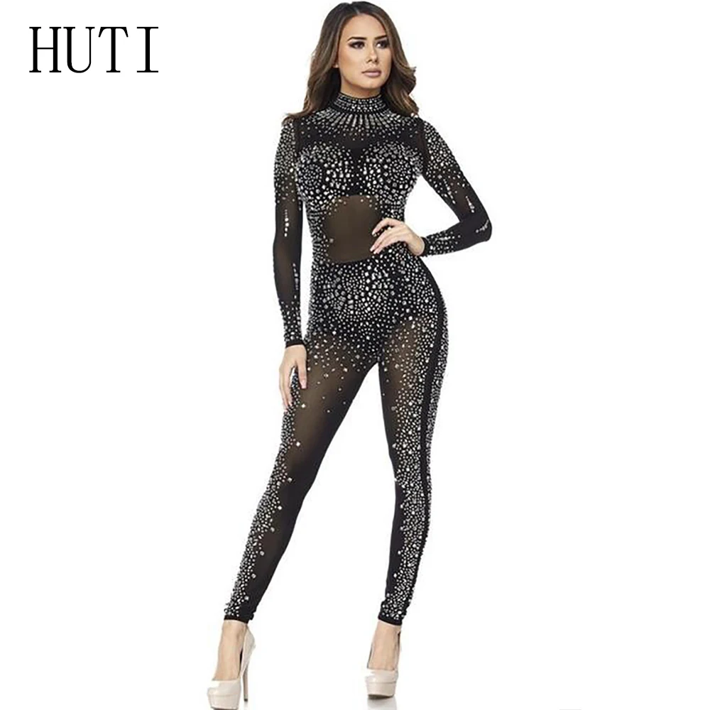 HUTI Women Jumpsuit Sparkly Rhinestone Diamonds Jumpsuits Long Sleeve See Through Mesh Bodysuits Club Party One Piece Romper