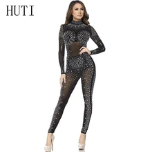 HUTI Women Jumpsuit Sparkly Rhinestone Diamonds Jumpsuits Long Sleeve See Through Mesh Bodysuits Club Party One Piece Romper