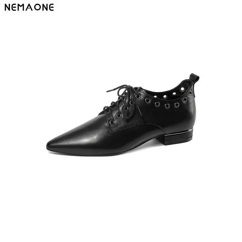 

NEMAONE Women Genuine Leather Shoes Low Heel lace up Women Shoes Black Shoes Office Lady Party dress Shoes