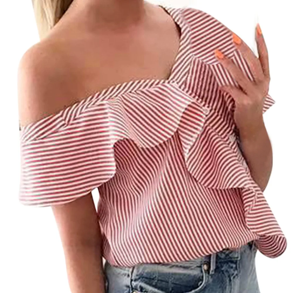 

Sexy Tee Women Shirt Tops and Blouses Summer 2018 V-neck Ruffles Short Butterfly Sleeve Striped Autumn Shirts Women Blouse Femme