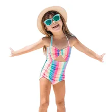Детская одежда для купания; купальник из полиэстера для девочек; детский купальный костюм; коллекция года; пляжный цельный купальник в радужную полоску; K0307