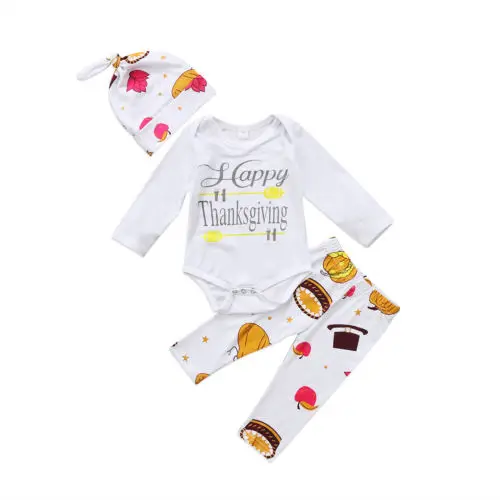 3PCS Newborn Baby Girls Boy Thanksgiving Clothes Sets Cute Casual Clothes Sets Long Sleeve Tops Romper Pants Outfits