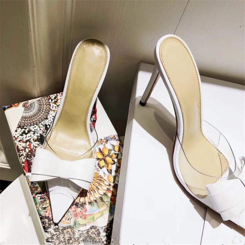 

Quality Sexy Pvc Butterfly-knot Women Slippers Fashion Peep Toe Slip On Stiletto High Heels Pumps Gladiator Party Dress Shoes 40