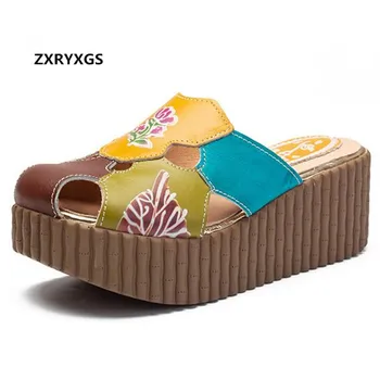 

2019 Famous Newest Spell Colors Genuine Leather Sandals Platform Shoes Woman Wedges Slippers Summer Fashion Sandals Women Shoes