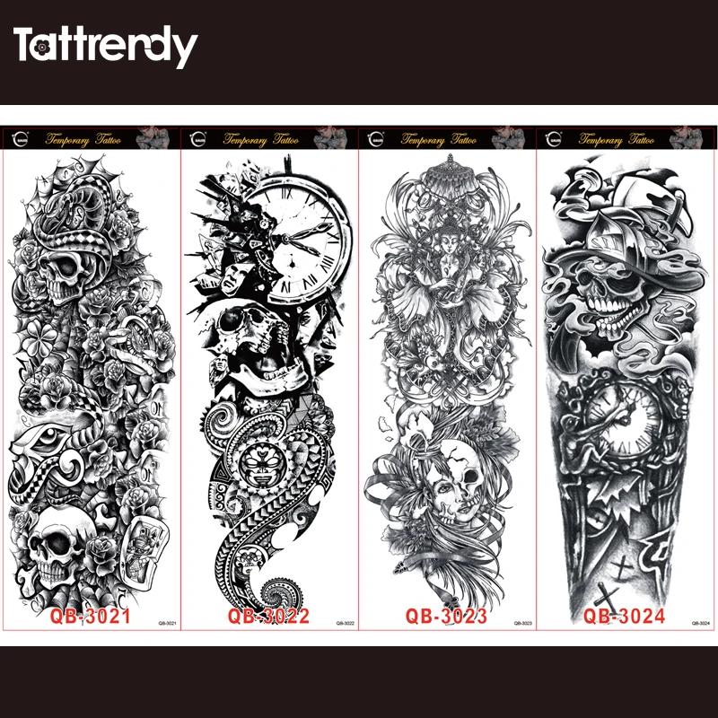 

6pcs/lot full arm temporary tattoos Stickers for men women black death skull note super big Large waterproof Fake Tattoo Sleeves