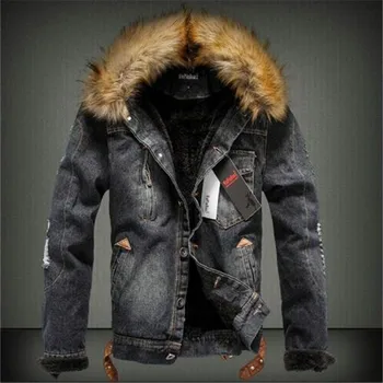 

New 2017 Fur collar Men Casual Denim Jacket Winter Thick Denim Jacket Retro Jacket Plus Size