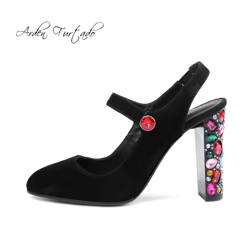 

Arden Furtado 2018 summer high heels 10cm pointed toe rhinestone chunky heels pointed toe sling back big size fashion sandals