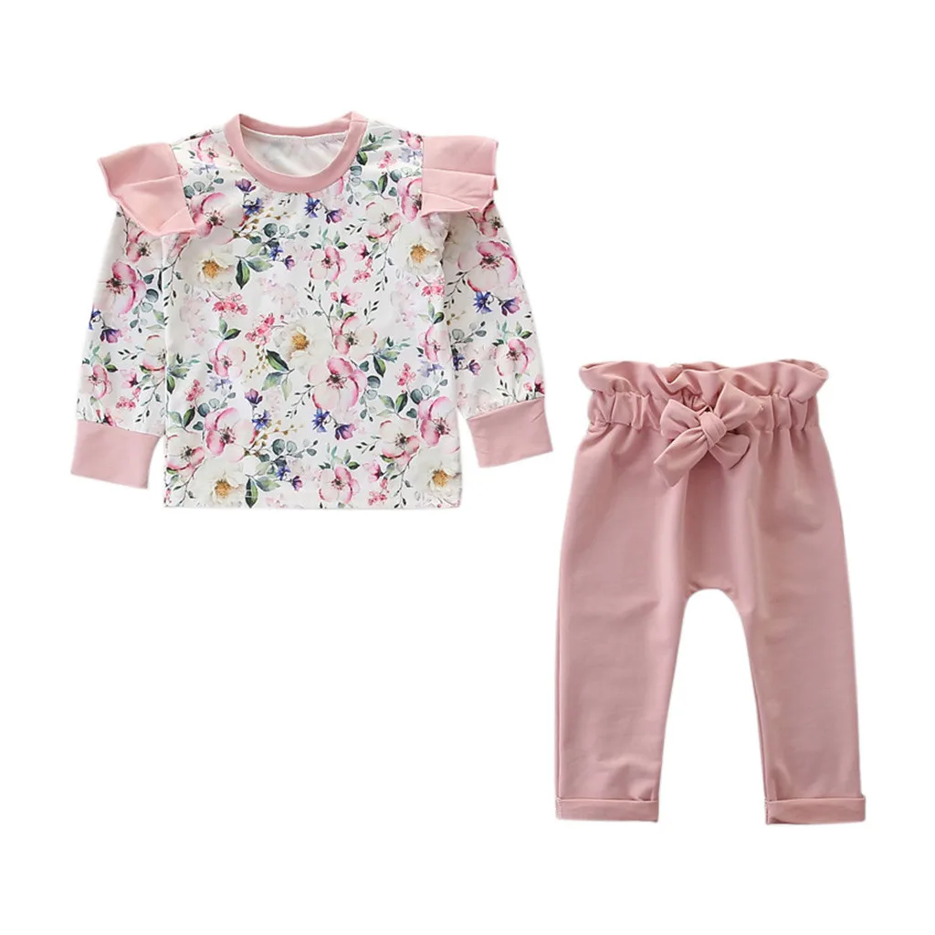 Newborn Children kids baby Girl winter clothes set Outfit Clothes Flower Print Long Sleeve T-shirt+Pants clothing Set Tracksuit - Цвет: Pink