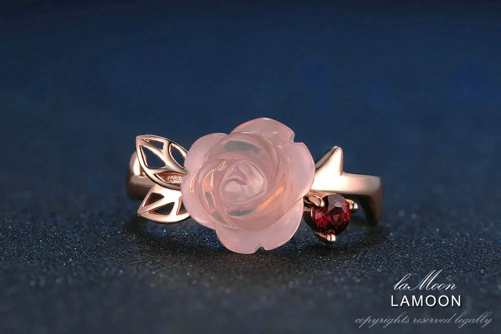 lamoon anel de prata esterlina anel ajustável de placa de ouro rosa de quartzo com pedras preciosas flor rosa de