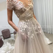 Encaje Vintage Vestido de novia bordado con bolsillos ilusión cuello barco Bobo playa vestidos de novias 2020 Vestido de novia praia nuevo