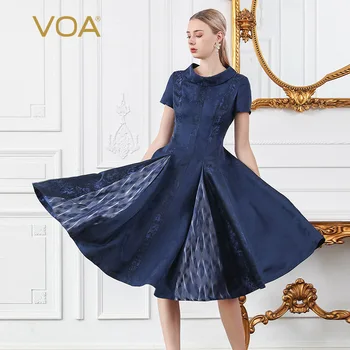 

VOA 100% Silk Midi Party Dress Women Summer Pleated Dresses Short Sleeve Pearl Beading vestidos Navy Blue sukienki damskie A956