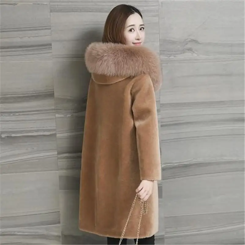 

2019 Winter Women Real Fox Fur Collar Coat Cloak Hooded Sheep Shearing Fur Overcoat Female Slim Long Poncho Abrigos Mujer M33